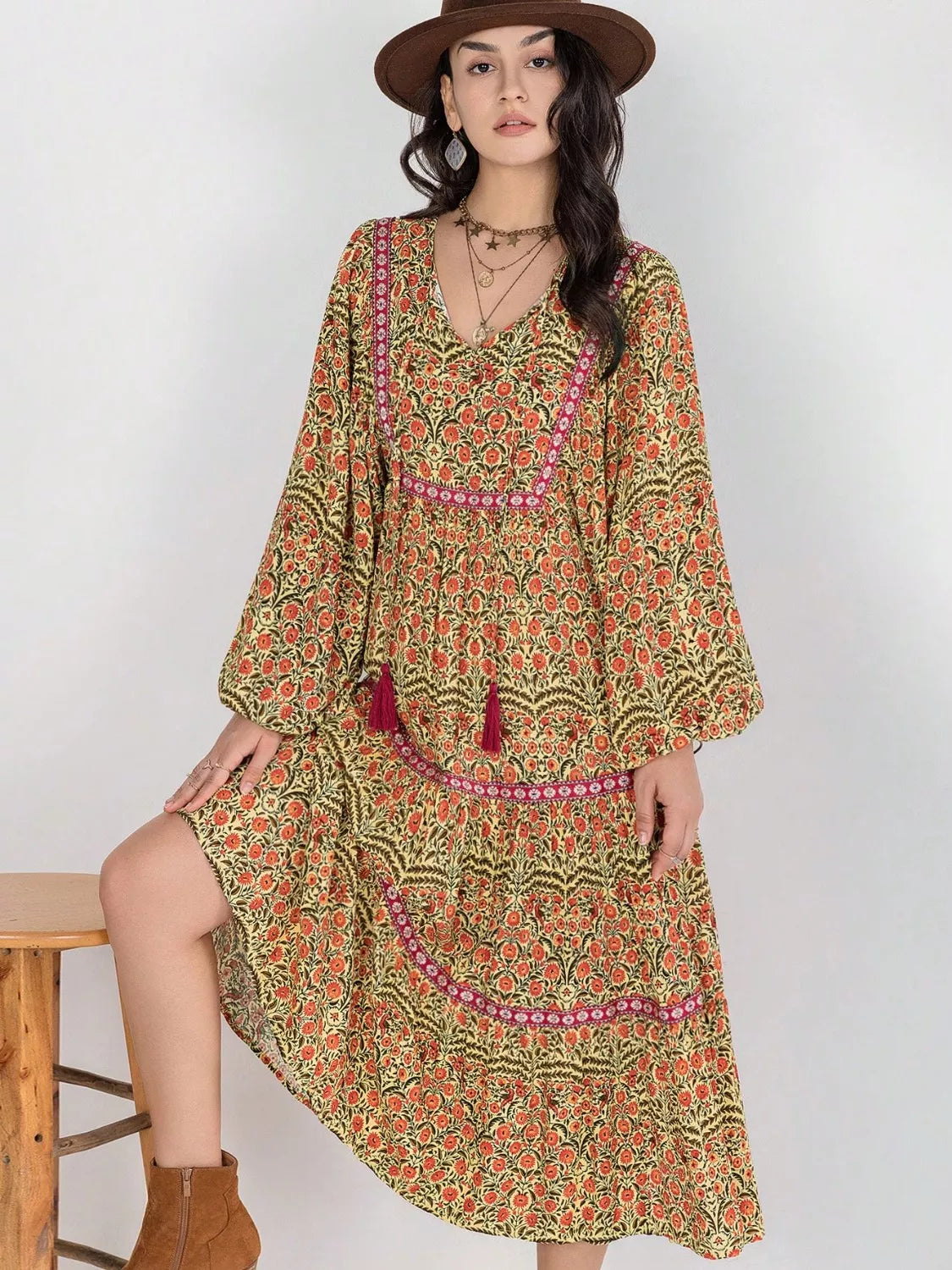 Floral Tiered Midi Dress with Balloon Sleeves-Nordavory