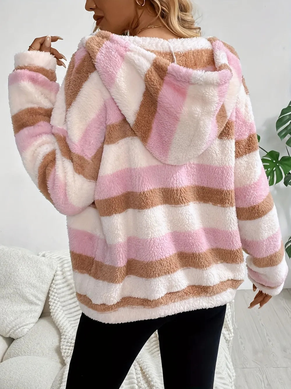 Drawstring Striped Zip Up Hooded Jacket-Nordavory