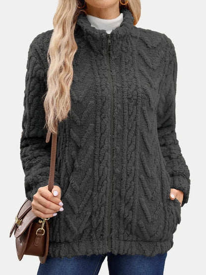 Fuzzy Zip Up Long Sleeve Jacket-Nordavory