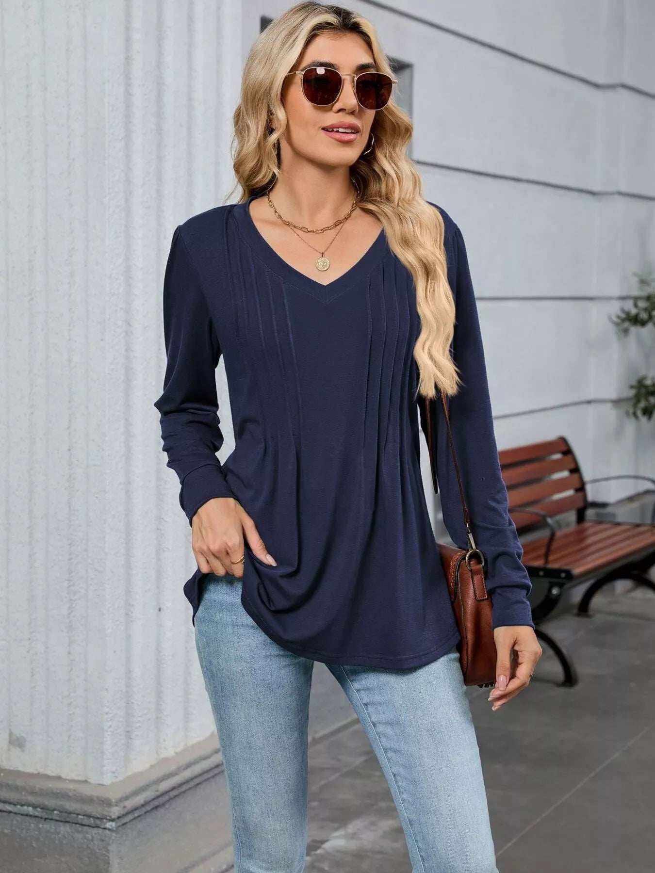 V-Neck Long Sleeve Relaxed Fit T-Shirt-Nordavory