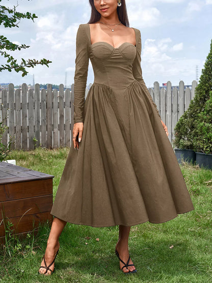 Sweetheart Neckline Long Sleeve A-Line Midi Dress-Nordavory