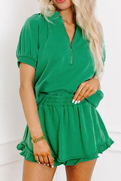 Frill Zip Front Puff Sleeve Top and Skort Set-Nordavory