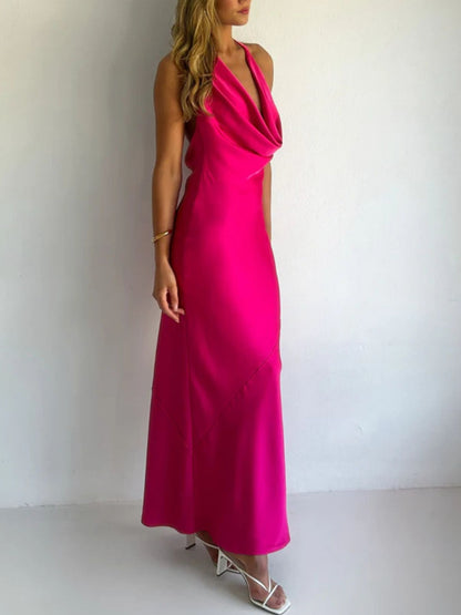 Halter Neck Satin Maxi Dress-Nordavory