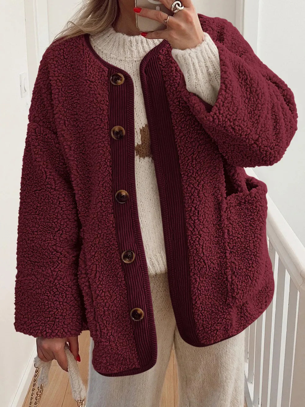 Contrast Button Up Sherpa Jacket with Pockets-Nordavory
