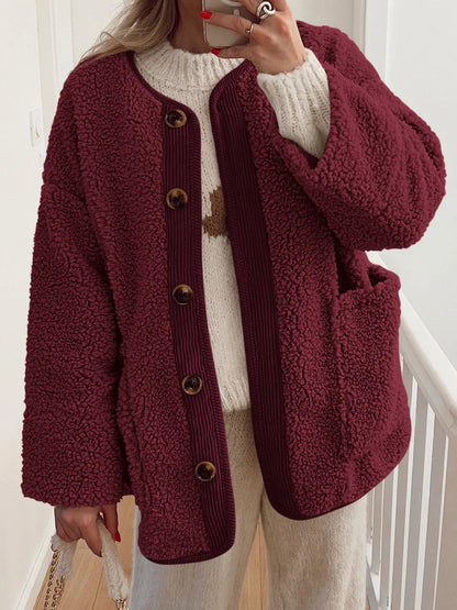 Contrast Button Up Sherpa Jacket with Pockets-Nordavory