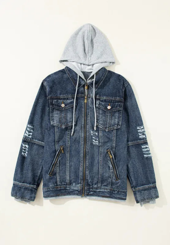 Fake Two-Piece Hooded Zip-Up Denim Jacket-Nordavory
