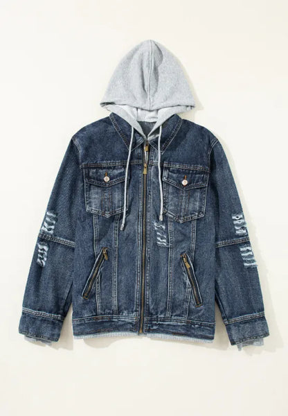 Fake Two-Piece Hooded Zip-Up Denim Jacket-Nordavory