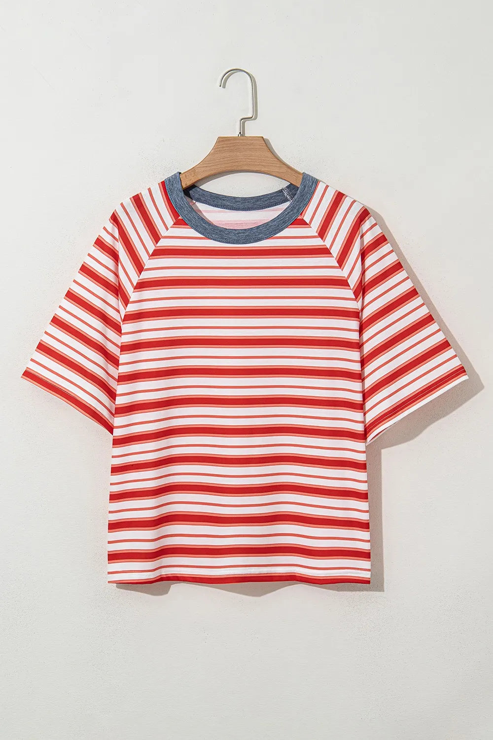 Stripe Print Contrast Collar Raglan Sleeve T Shirt-Nordavory