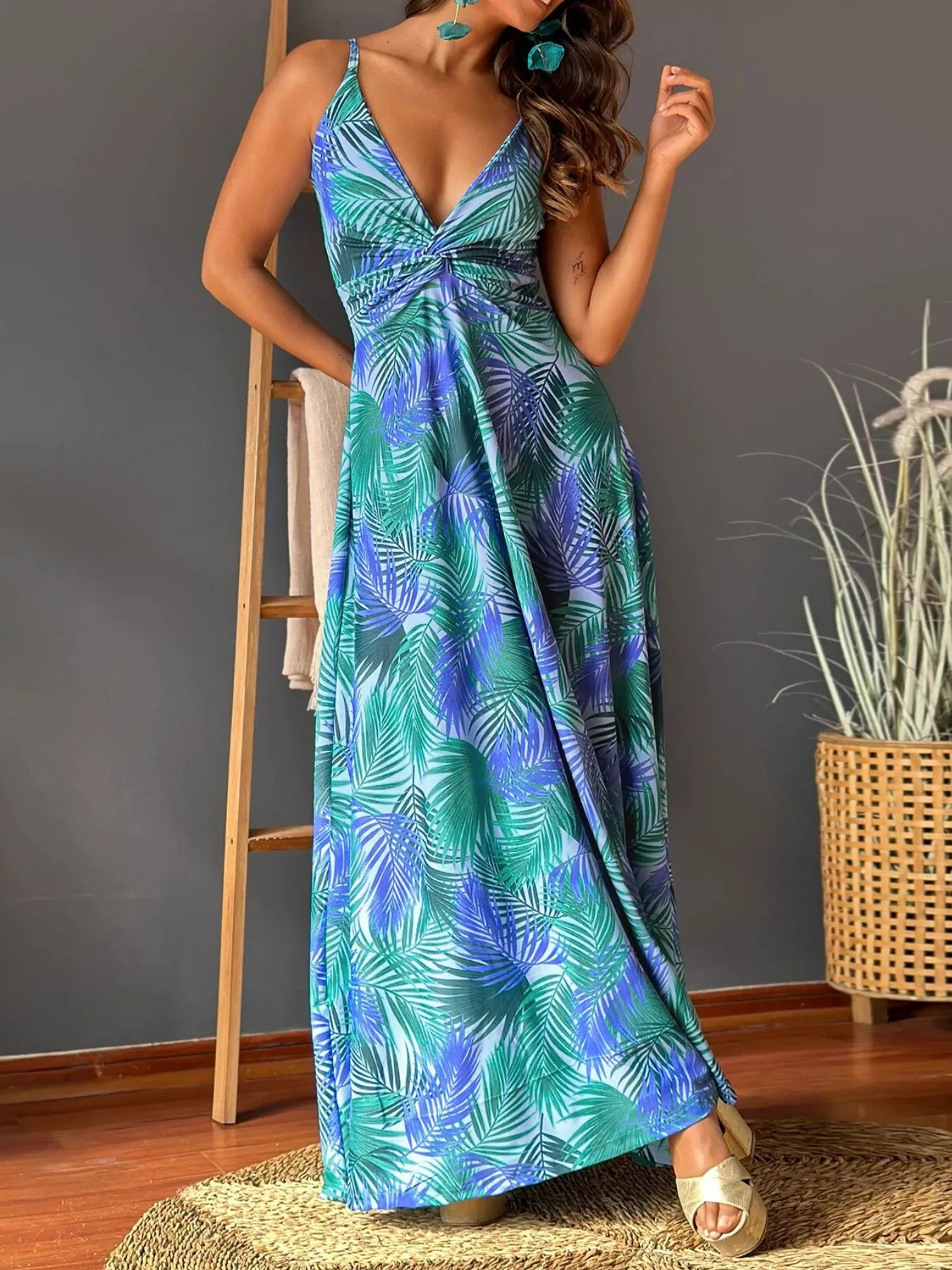Tropical Print V-Neck Maxi Dress-Nordavory