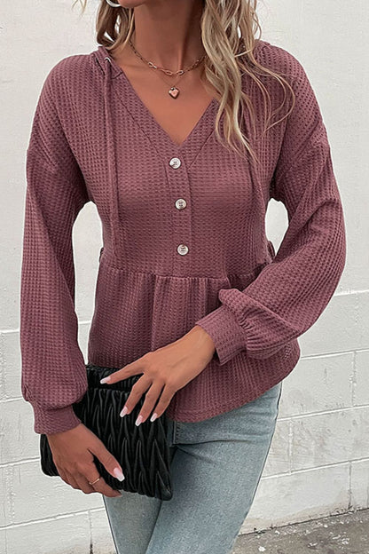 Perfee Waffle-Knit Buttoned Drop Shoulder Hoodie-Nordavory