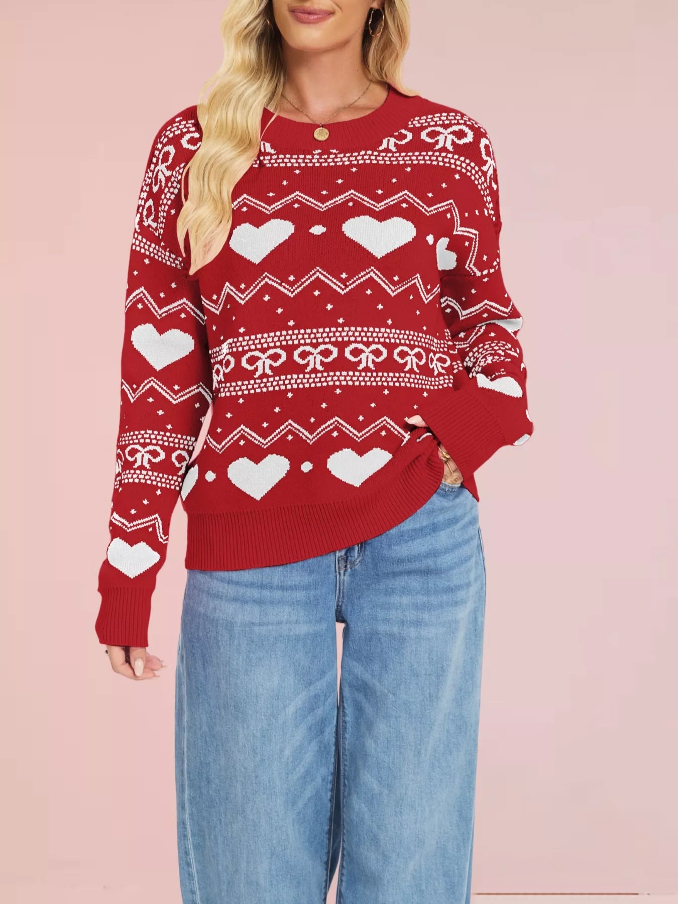 Heart & Bow Pattern Round Neck Sweater-Nordavory