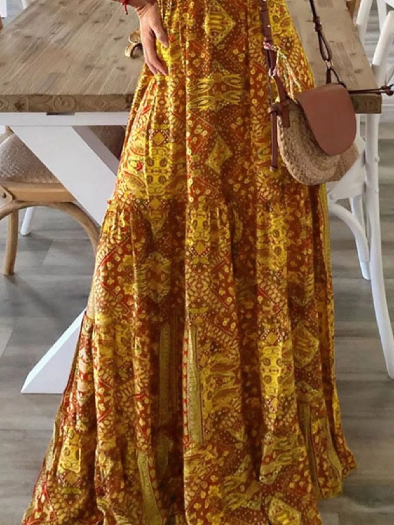 Printed V-Neck Maxi Dress-Nordavory