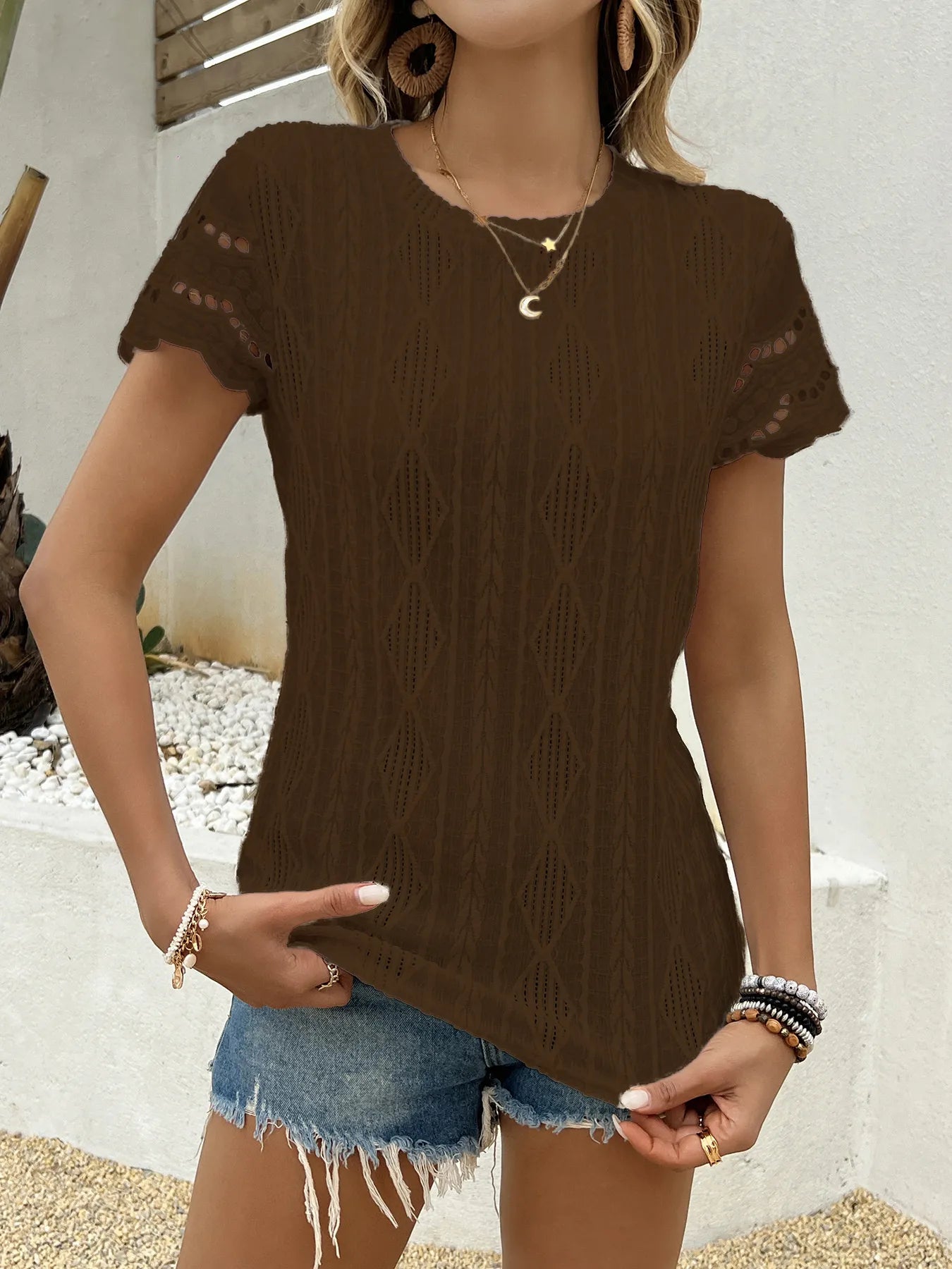 Crochet Lace Short Sleeve T-Shirt-Nordavory
