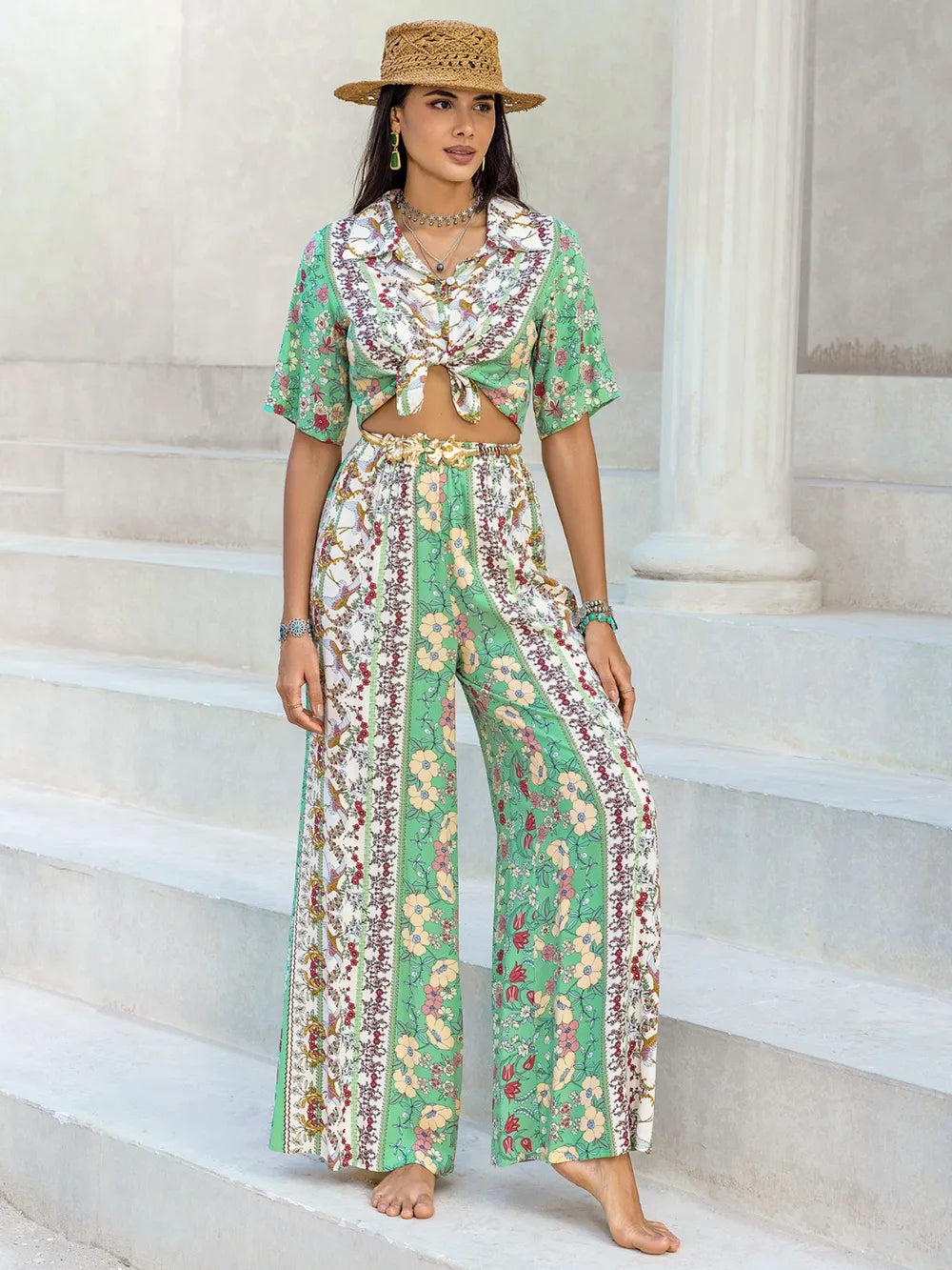 Printed Half Sleeve Top and Wide Leg Pants Set-Nordavory