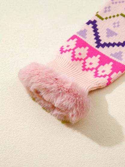 Multicolour Ethnic Christmas Pattern Knit Feather Cuffed Sweater-Nordavory