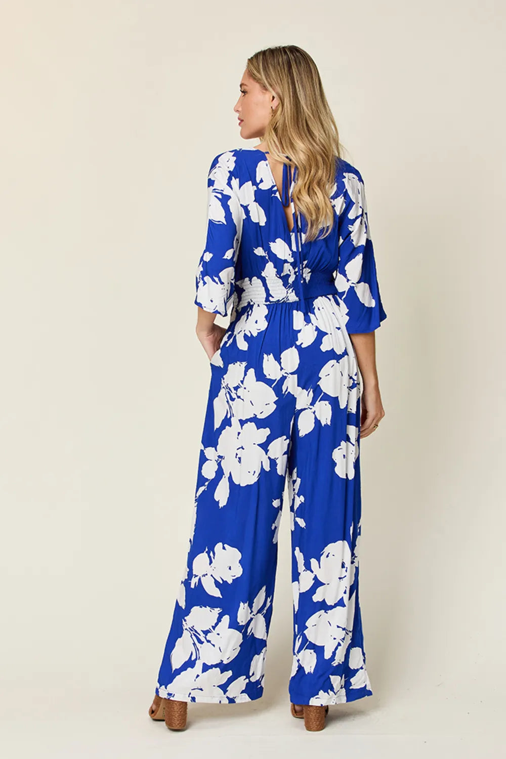 Double Take Full Size Printed Tie Back Wide Leg Jumpsuit-Nordavory