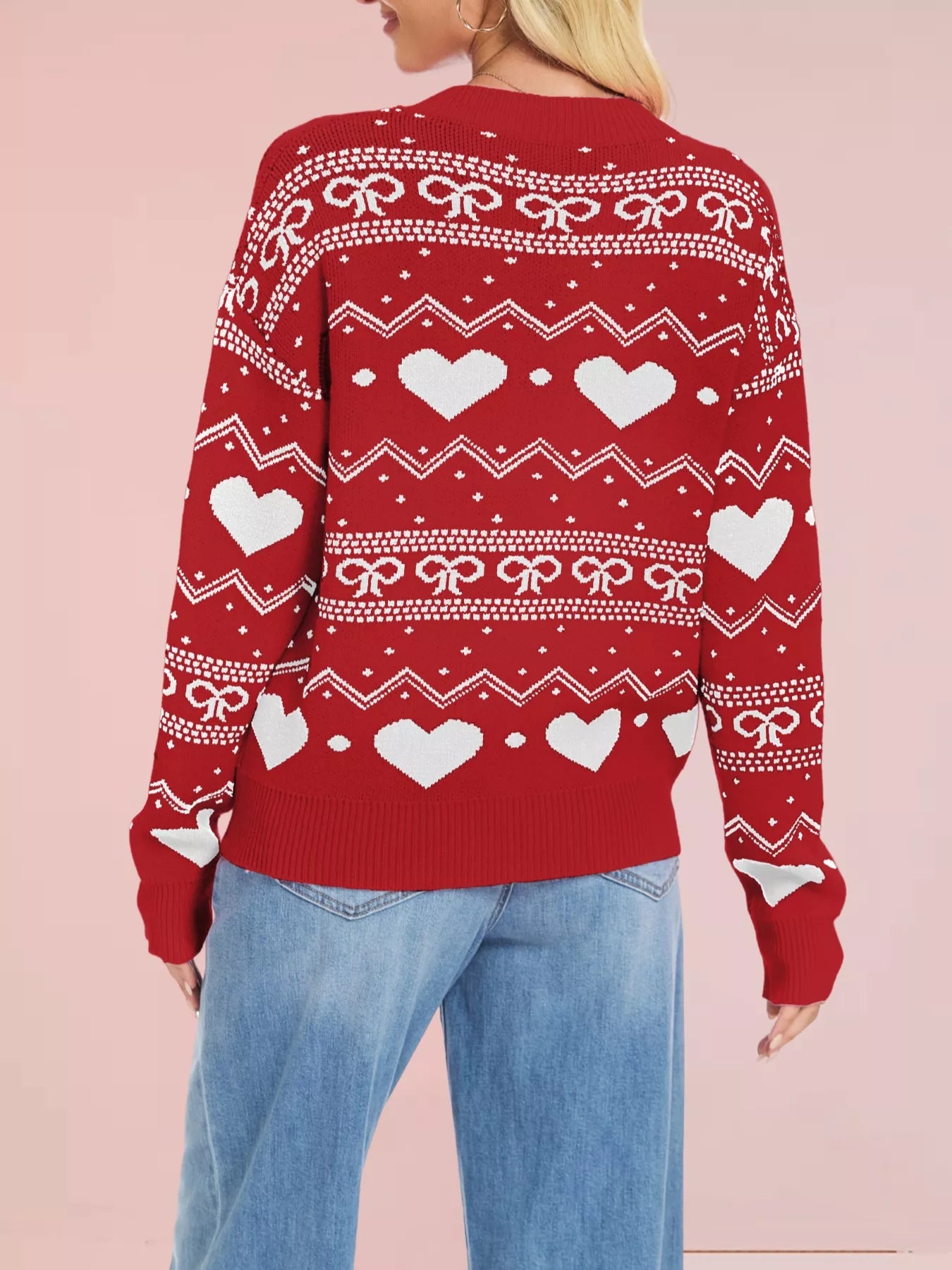 Heart & Bow Pattern Round Neck Sweater-Nordavory