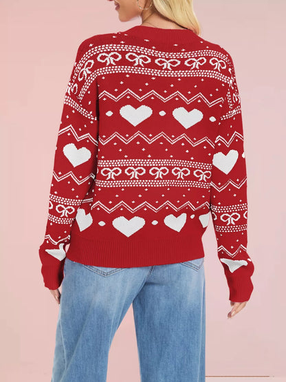 Heart & Bow Pattern Round Neck Sweater-Nordavory