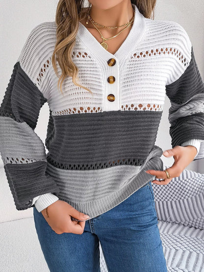 Color Block Striped V-Neck Button Detail Sweater-Nordavory