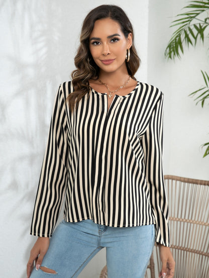 Striped Long Sleeve Notched Blouse-Nordavory