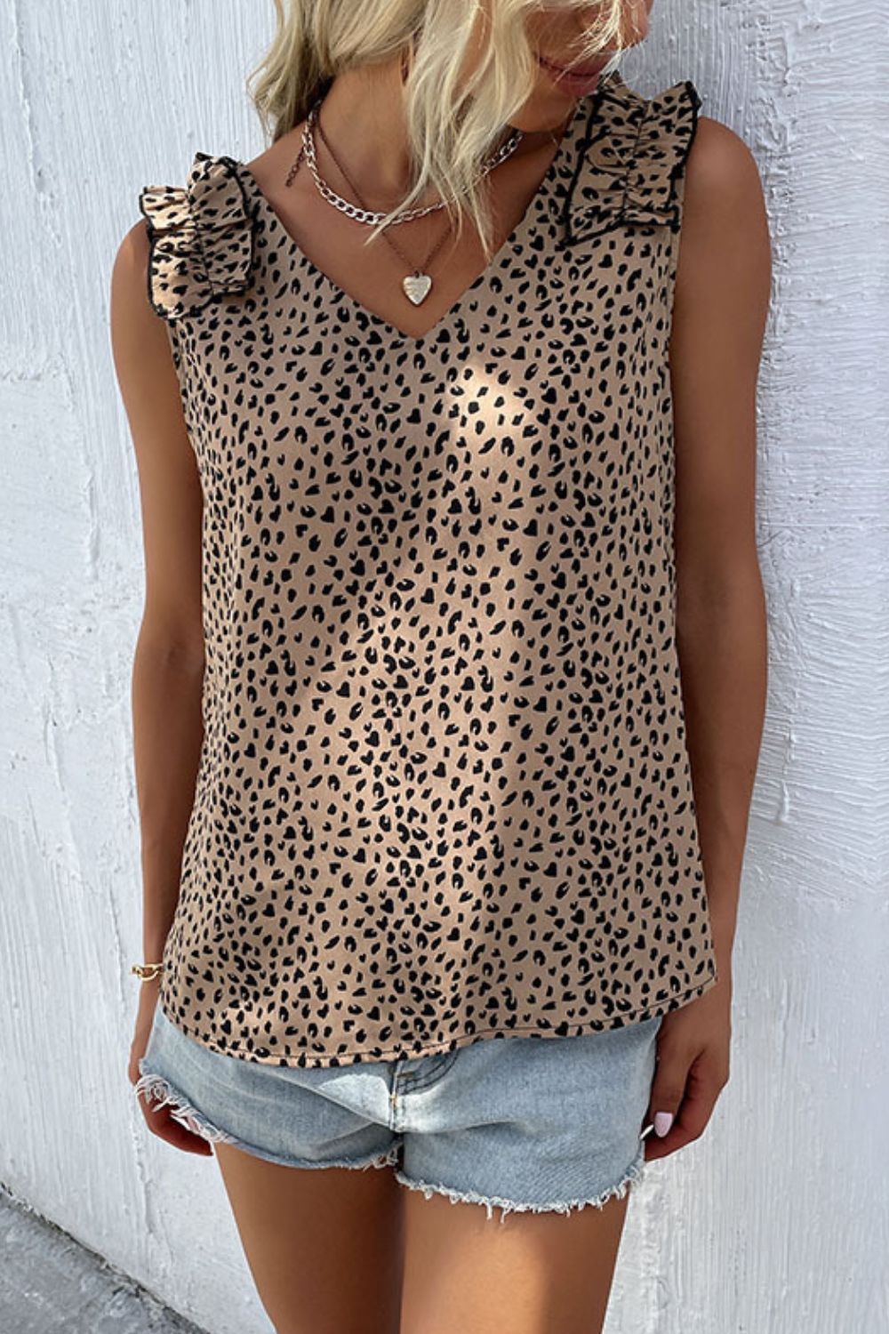 Perfee Leopard Frill Trim V-Neck Tank-Nordavory