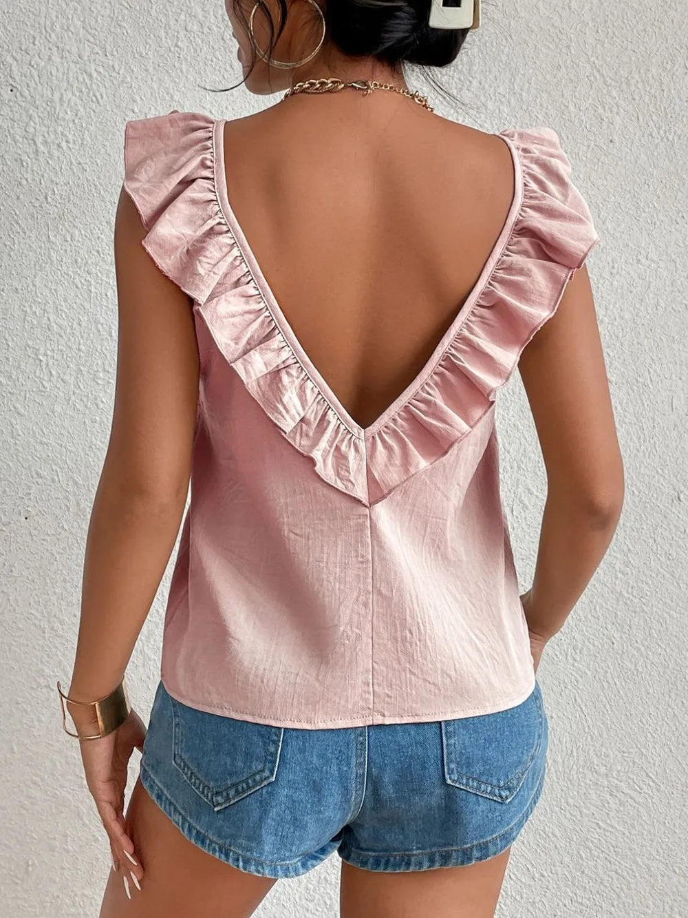 Backless Ruffled Scoop Neck Tank-Nordavory