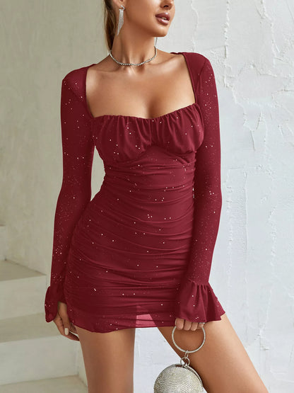 Ruched Glitter Bodycon Mini Dress-Nordavory