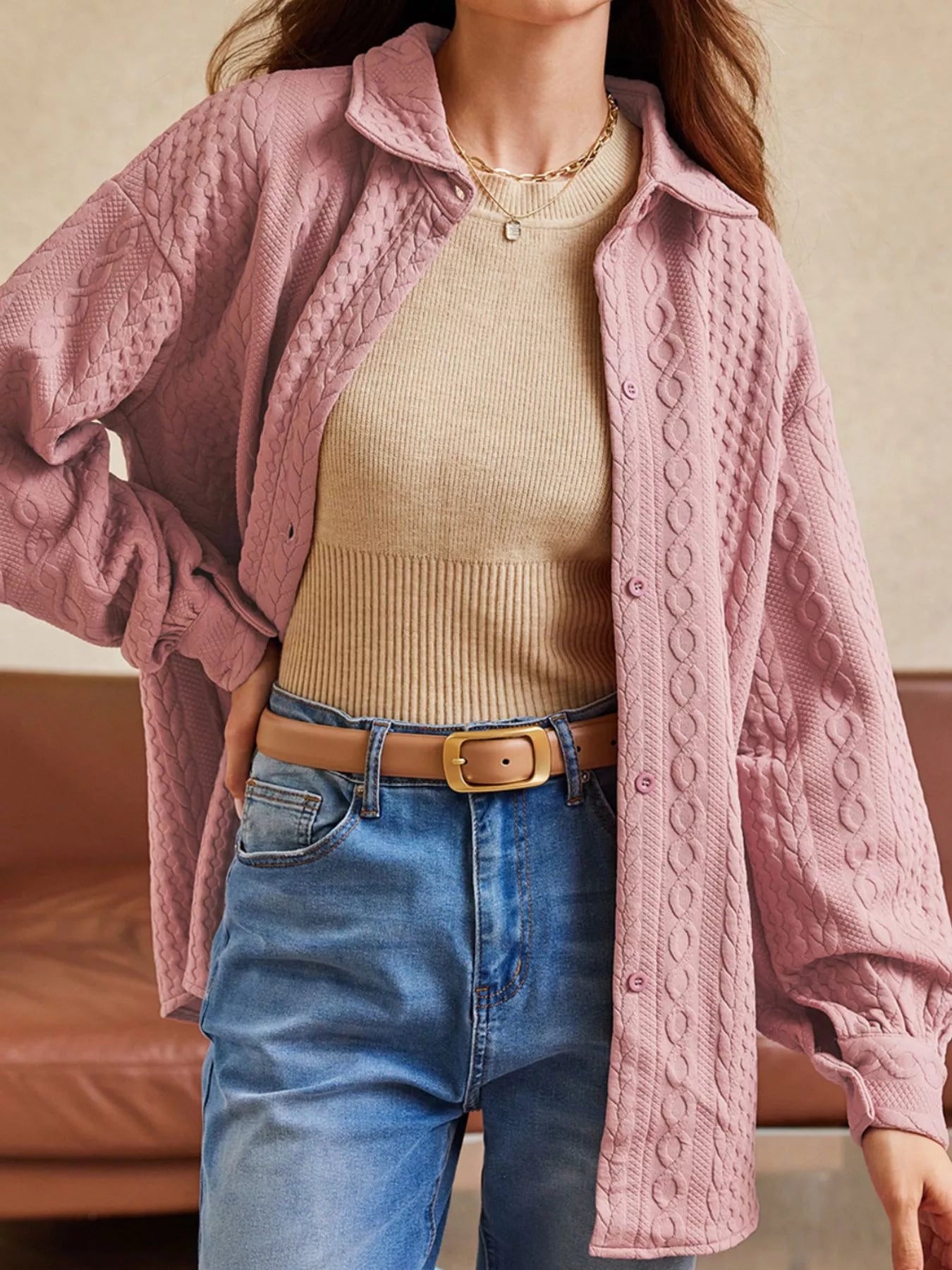 Cable Texture Puff Sleeve Loose Shacket-Nordavory