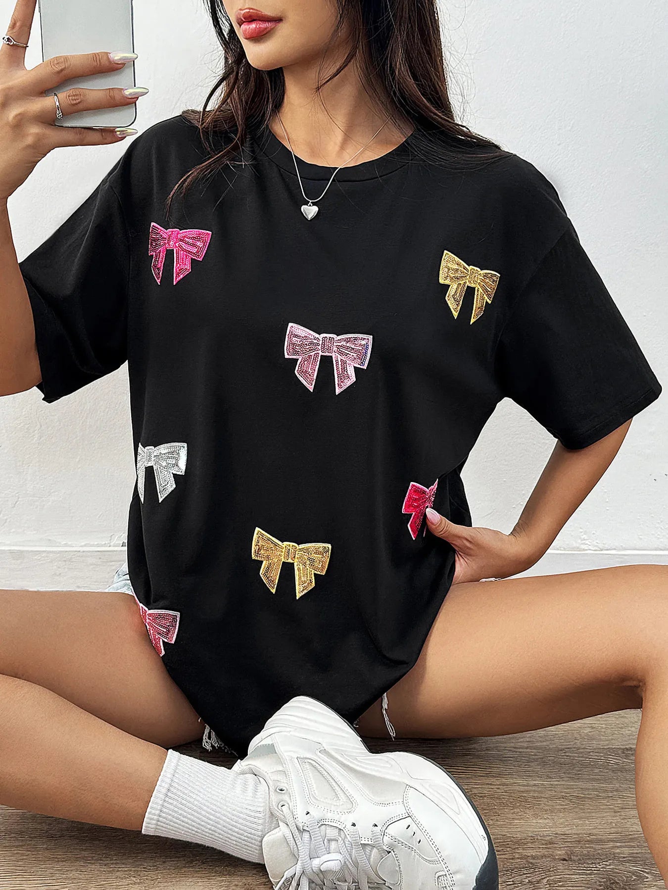 Sequin Bow Round Neck Short Sleeve T-Shirt-Nordavory