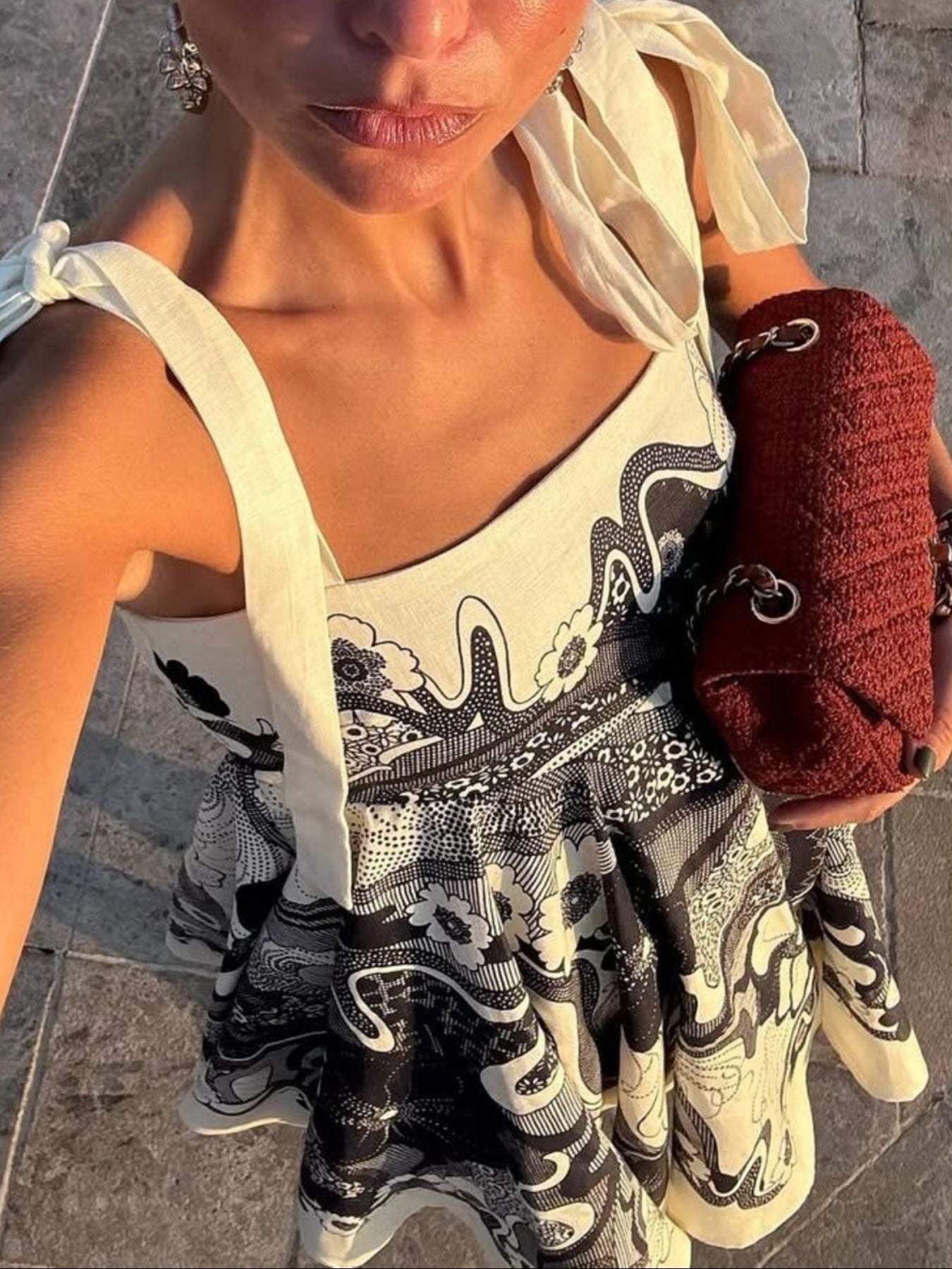 Printed Tie Shoulder Mini Dress-Nordavory