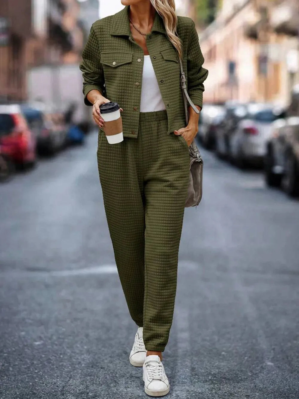 Plaid Texture Snap Down Top and Pants Set-Nordavory