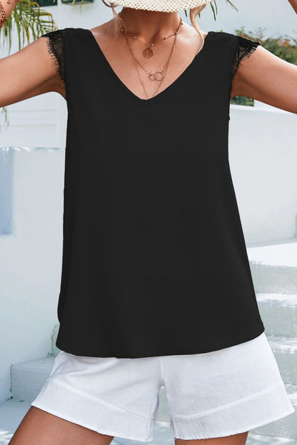 Lace Detail Eyelash Trim V-Neck Tank-Nordavory