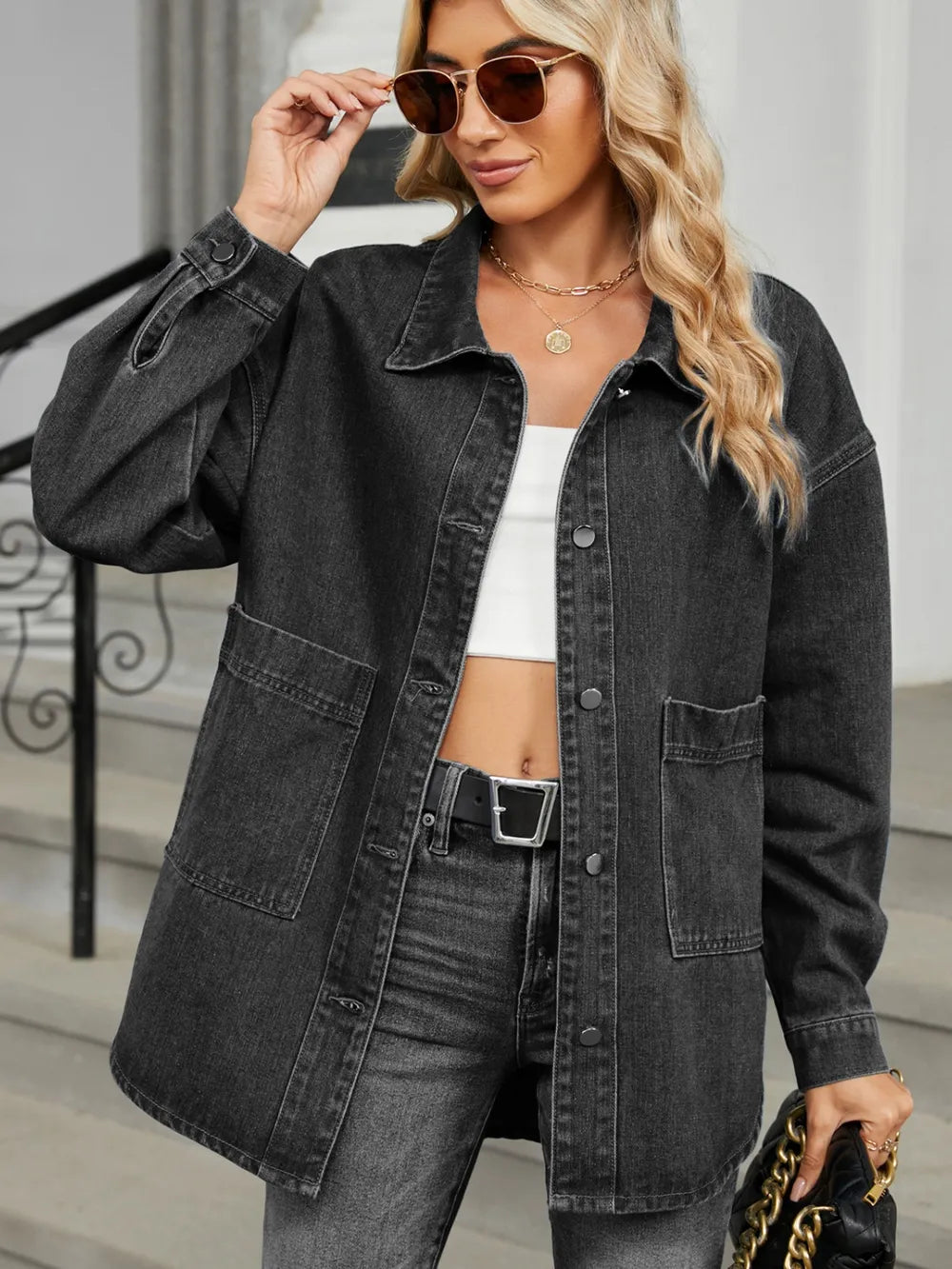 Removable Hood Button Up Long Sleeve Denim Jacket-Nordavory