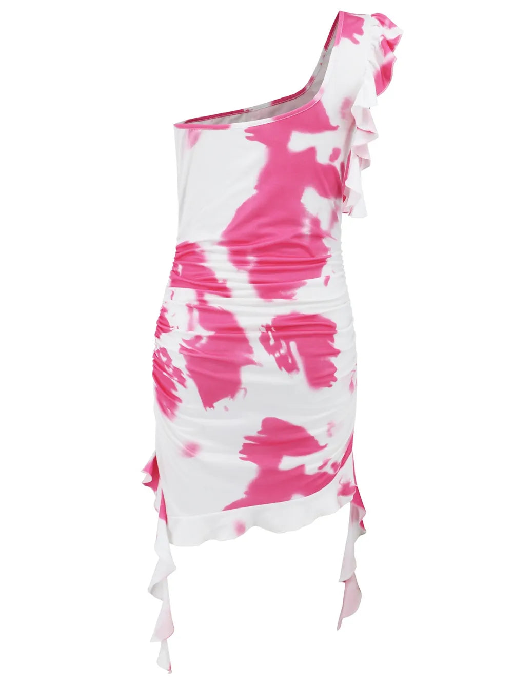 Ruffled Tie-Dye Single Shoulder Mini Dress-Nordavory