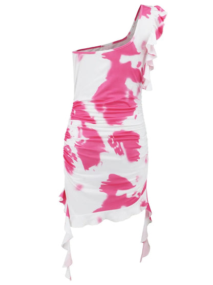 Ruffled Tie-Dye Single Shoulder Mini Dress-Nordavory