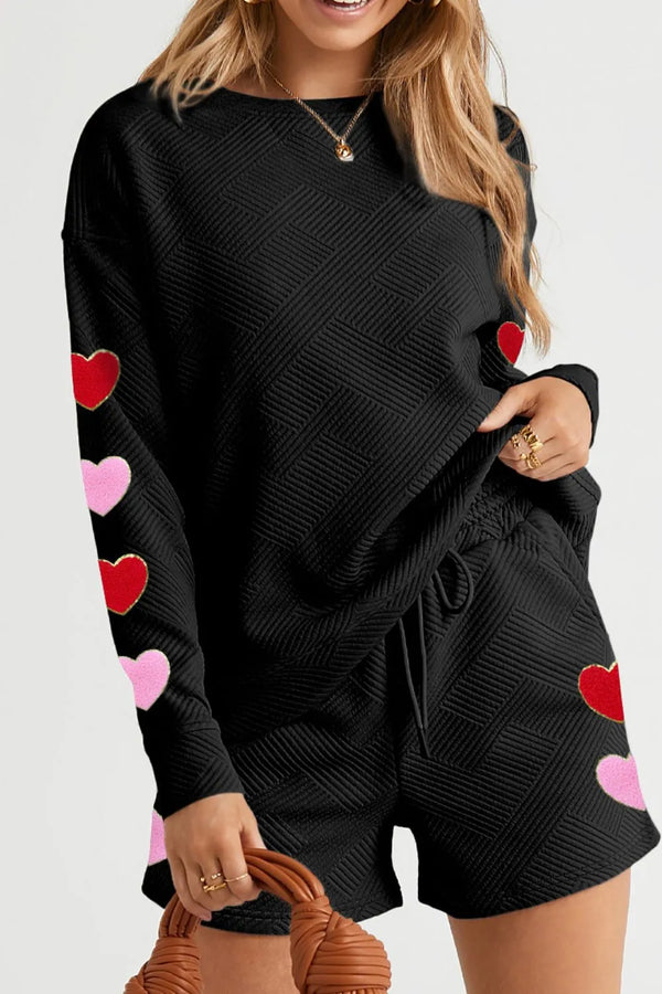 Heart Texture Round Neck Top and Drawstring Shorts Set-Nordavory