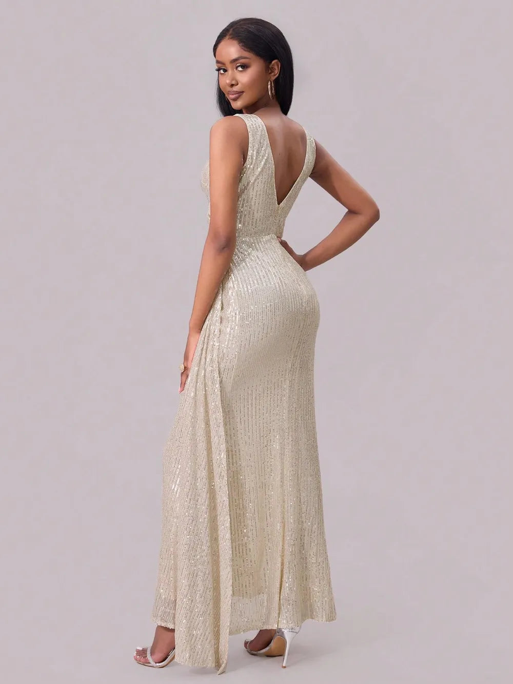 Slit Sequin Surplice Sleeveless Maxi Dress-Nordavory