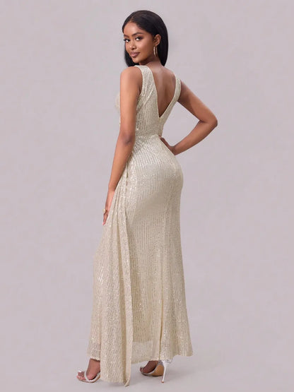 Slit Sequin Surplice Sleeveless Maxi Dress-Nordavory