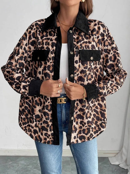 Leopard Collared Neck Button Up Shacket-Nordavory