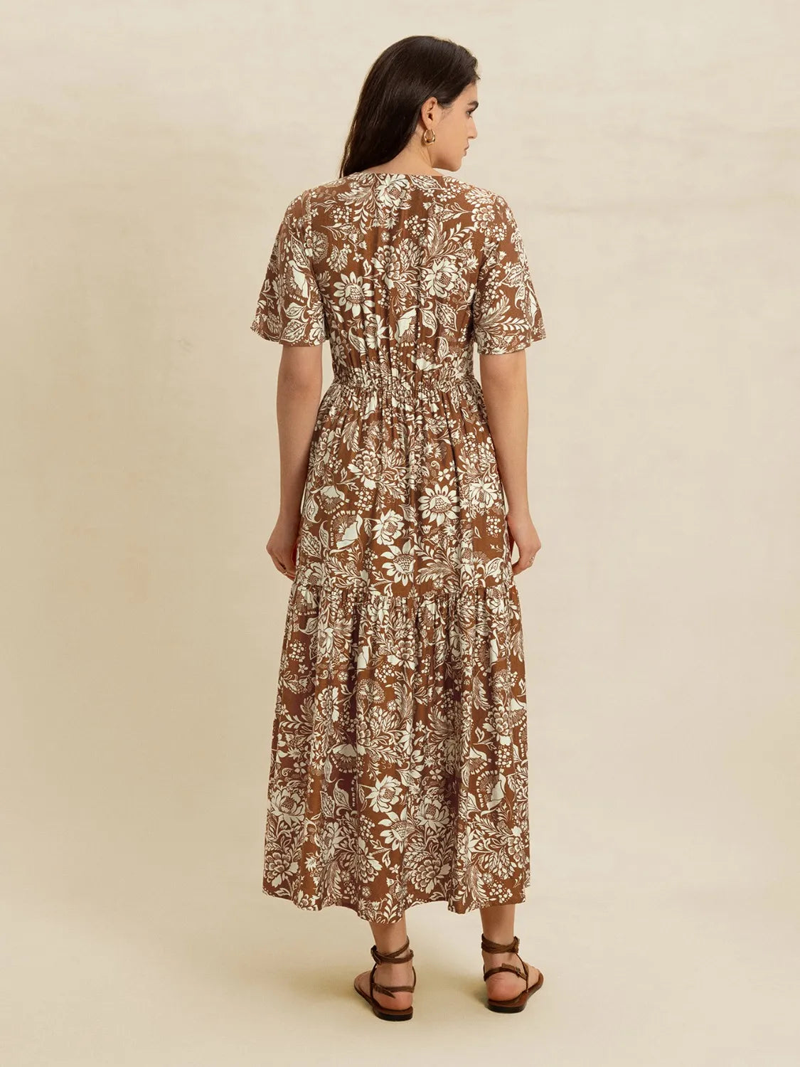 Lace Detail Printed Short Sleeve Midi Dress-Nordavory