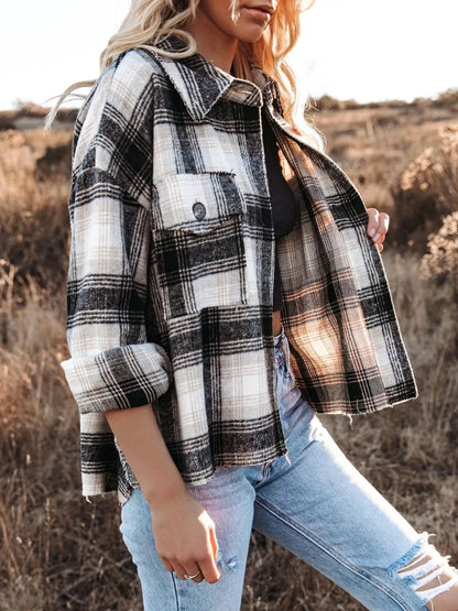 Pocketed Plaid Button Down Long Sleeve Shacket-Nordavory