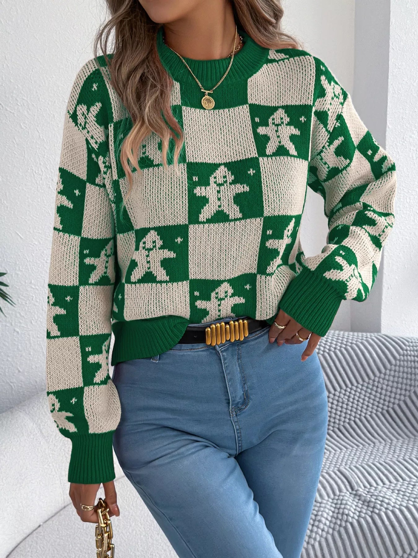 Christmas Checkerboard Gingerbread Round Neck Sweater-Nordavory