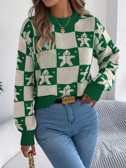 Christmas Checkerboard Gingerbread Round Neck Sweater-Nordavory
