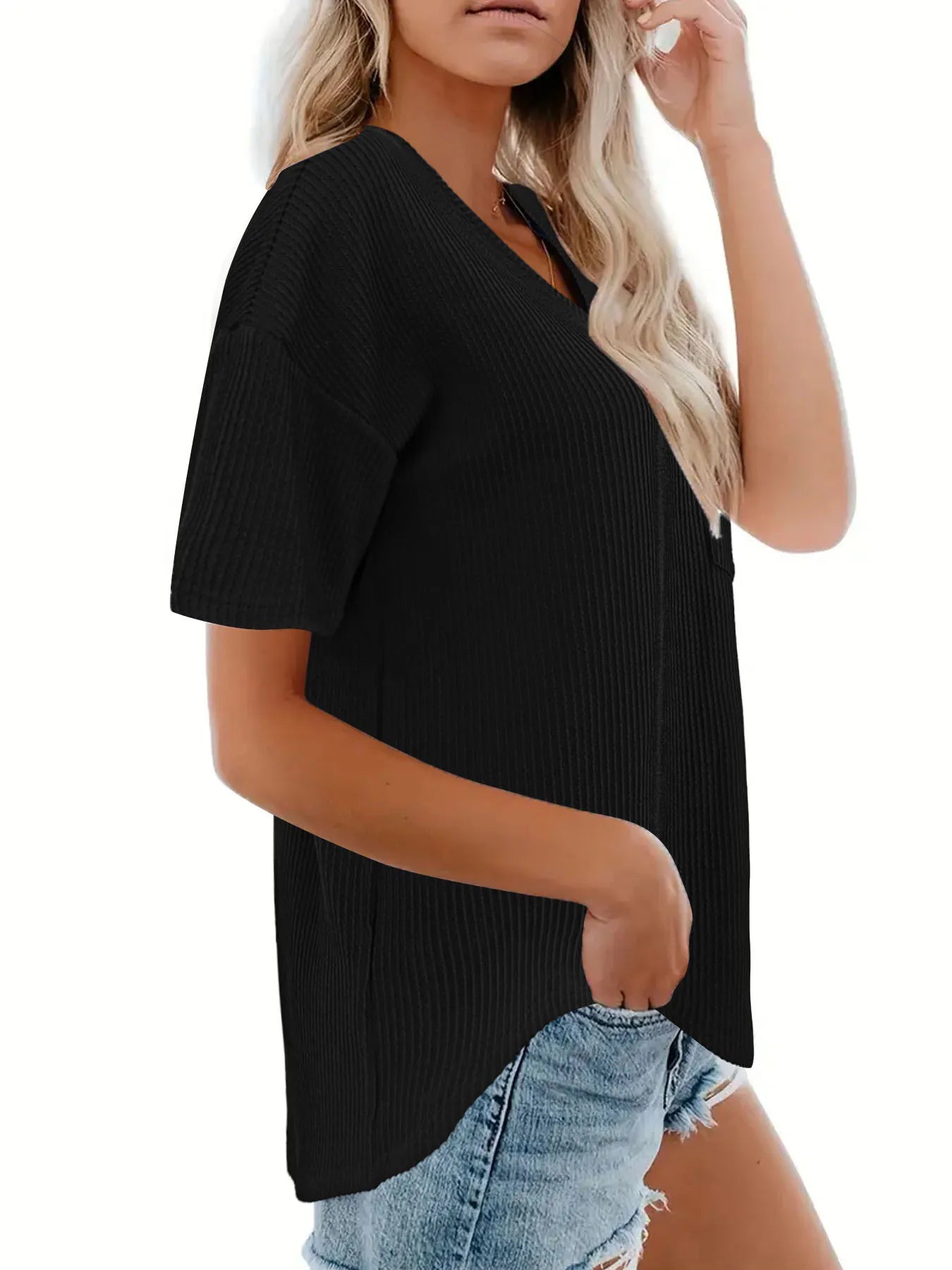 Ribbed V-Neck Oversized T-Shirt-Nordavory
