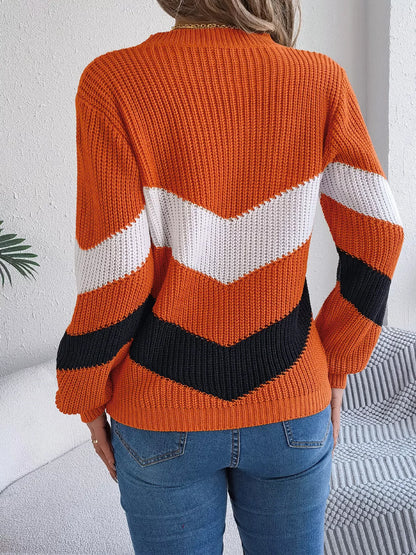 Chevron Stripe Color Block Round Neck Sweater-Nordavory