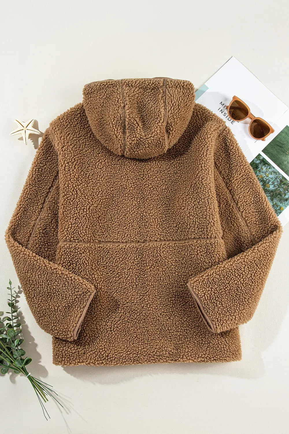 Drawstring Fleece Zip Up Hooded Jacket-Nordavory