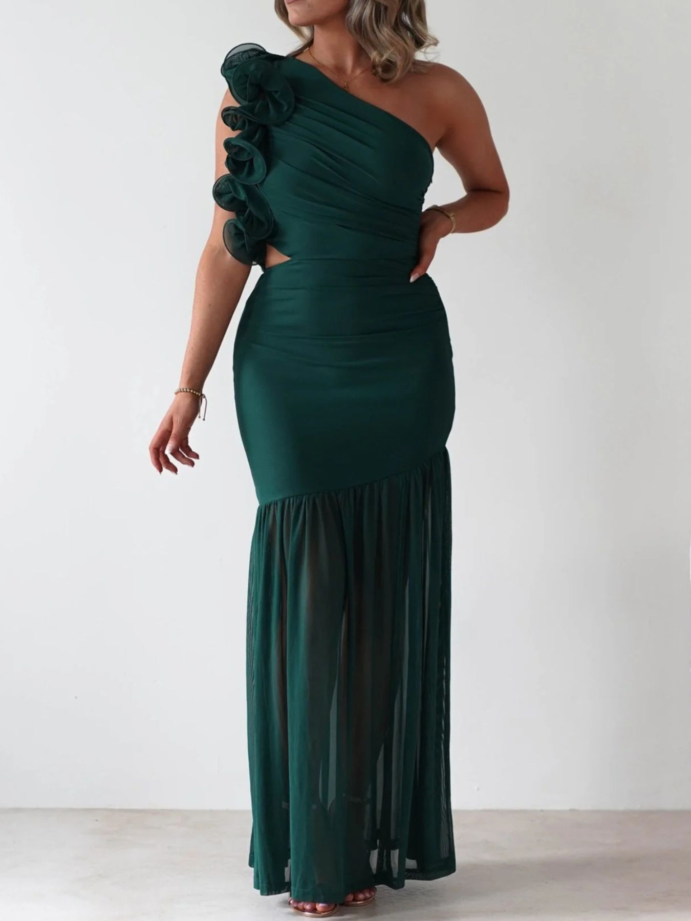 One-Shoulder Ruffle Trim Maxi Dress-Nordavory