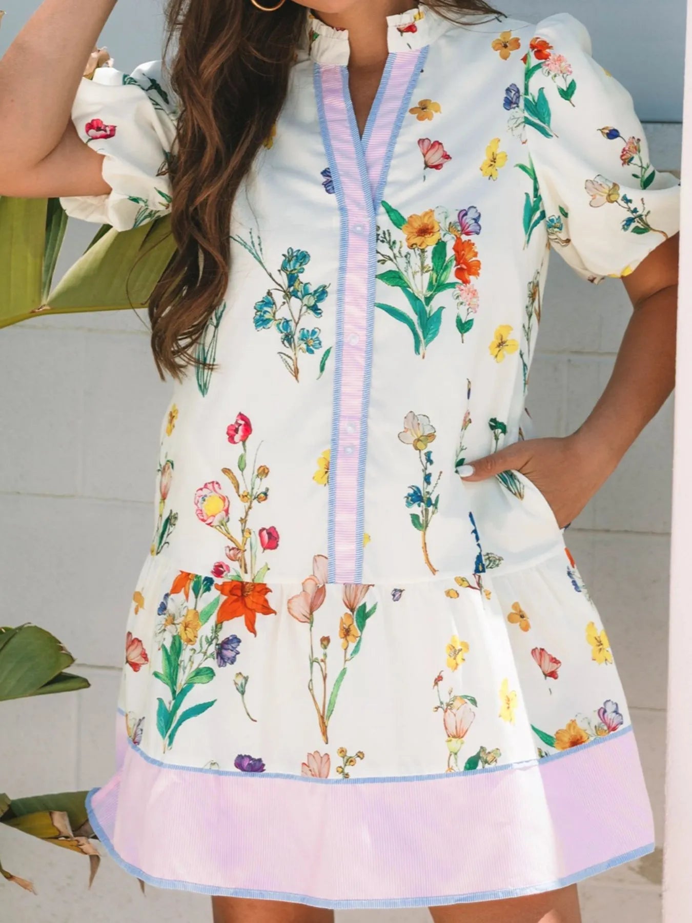 Floral Print Notched Short Sleeve Dress-Nordavory