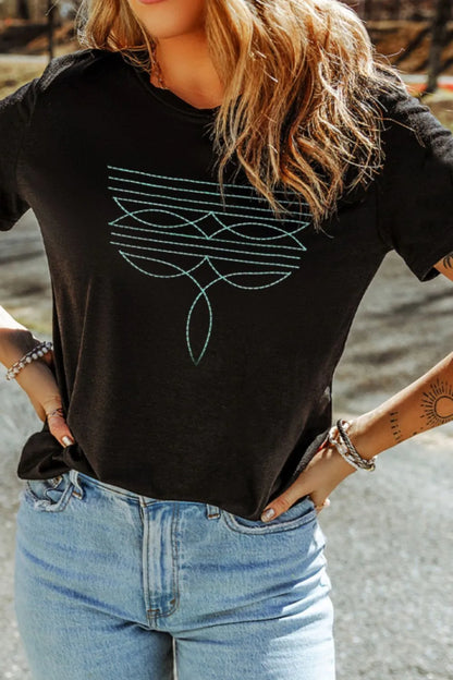 Embroidered Round Neck Short Sleeve T-Shirt-Nordavory