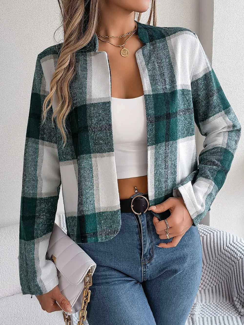 Plaid Open Front Long Sleeve Jacket-Nordavory